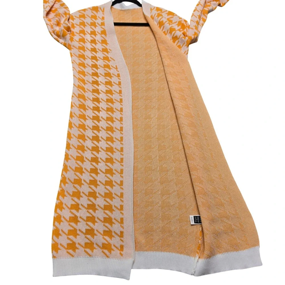 Cardigan Womens Small Orange Houndstooth Longline Open Front